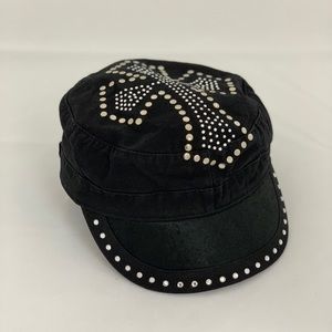 Studded cross cadet cap with cow hair bill